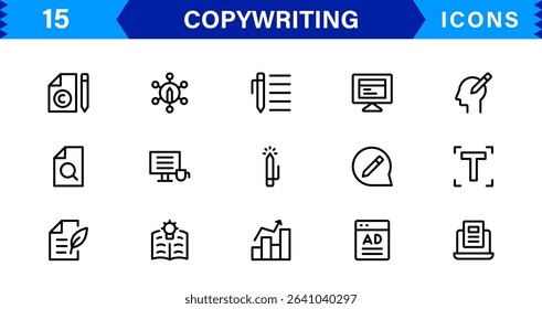 Copywriting Icon Set Featuring Content Creation, Writing, Editing, Marketing, and Communication Symbols in a Professional, Vector-Based Design