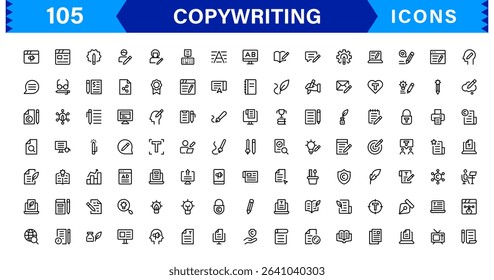 Copywriting Icon Set Featuring Content Creation, Writing, Editing, Marketing, and Communication Symbols in a Professional, Vector-Based Design