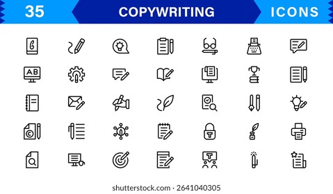 Copywriting Icon Set Featuring Content Creation, Writing, Editing, Marketing, and Communication Symbols in a Professional, Vector-Based Design