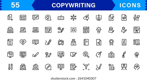 Copywriting Icon Set Featuring Content Creation, Writing, Editing, Marketing, and Communication Symbols in a Professional, Vector-Based Design