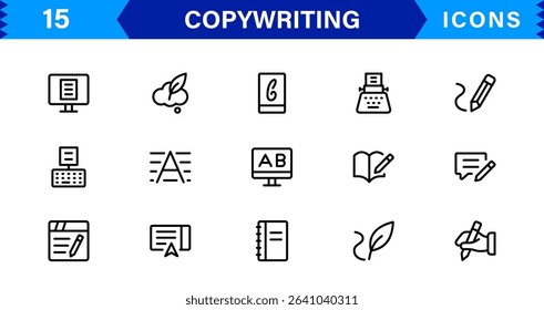 Copywriting Icon Set Featuring Content Creation, Writing, Editing, Marketing, and Communication Symbols in a Professional, Vector-Based Design