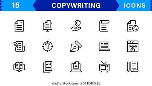 Copywriting Icon Set Featuring Content Creation, Writing, Editing, Marketing, and Communication Symbols in a Professional, Vector-Based Design