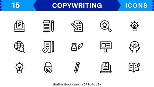 Copywriting Icon Set Featuring Content Creation, Writing, Editing, Marketing, and Communication Symbols in a Professional, Vector-Based Design