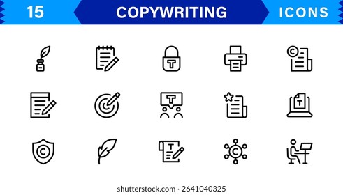 Copywriting Icon Set Featuring Content Creation, Writing, Editing, Marketing, and Communication Symbols in a Professional, Vector-Based Design