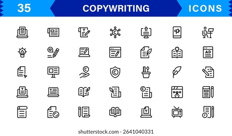 Copywriting Icon Set Featuring Content Creation, Writing, Editing, Marketing, and Communication Symbols in a Professional, Vector-Based Design