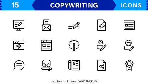 Copywriting Icon Set Featuring Content Creation, Writing, Editing, Marketing, and Communication Symbols in a Professional, Vector-Based Design