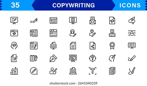 Copywriting Icon Set Featuring Content Creation, Writing, Editing, Marketing, and Communication Symbols in a Professional, Vector-Based Design