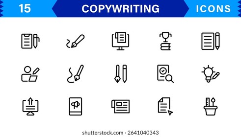 Copywriting Icon Set Featuring Content Creation, Writing, Editing, Marketing, and Communication Symbols in a Professional, Vector-Based Design