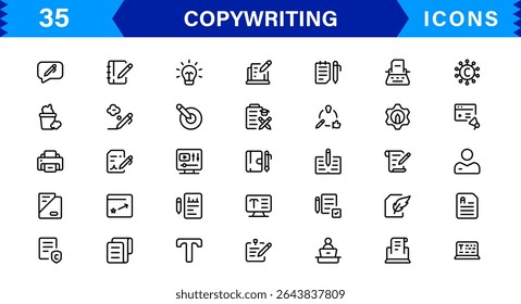 Conjunto de iconos de redacción de textos con símbolos de creación, escritura, edición, marketing y comunicación de contenido en un Profesional, diseño basado en Vectores