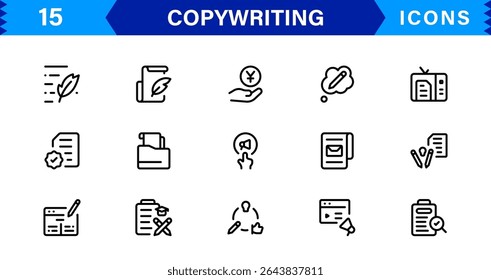 Copywriting Icon Set Featuring Content Creation, Writing, Editing, Marketing, and Communication Symbols in a Professional, Vector-Based Design