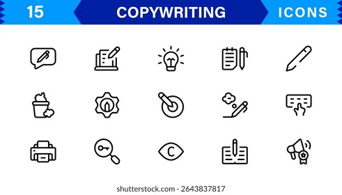 Copywriting Icon Set Featuring Content Creation, Writing, Editing, Marketing, and Communication Symbols in a Professional, Vector-Based Design