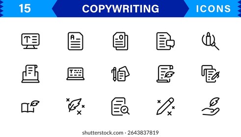 Conjunto de iconos de redacción de textos con símbolos de creación, escritura, edición, marketing y comunicación de contenido en un Profesional, diseño basado en Vectores