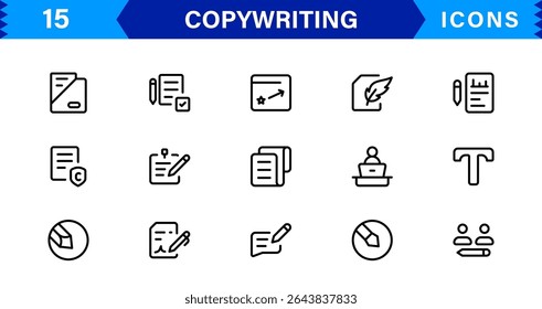 Copywriting Icon Set Featuring Content Creation, Writing, Editing, Marketing, and Communication Symbols in a Professional, Vector-Based Design