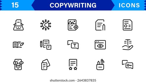 Conjunto de Ícones de Redação Publicitária com Símbolos de Criação, Redação, Edição, Marketing e Comunicação de Conteúdo em um Design Profissional Baseado em Vetor