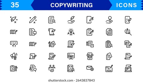 Copywriting Icon Set Featuring Content Creation, Writing, Editing, Marketing, and Communication Symbols in a Professional, Vector-Based Design