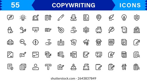 Copywriting Icon Set Featuring Content Creation, Writing, Editing, Marketing, and Communication Symbols in a Professional, Vector-Based Design