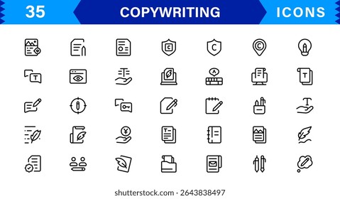Conjunto de Ícones de Redação Publicitária com Símbolos de Criação, Redação, Edição, Marketing e Comunicação de Conteúdo em um Design Profissional Baseado em Vetor