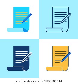 Copywriting icon set in flat and line style. Creative writing concept. Paper and pencil symbol. Vector illustration.