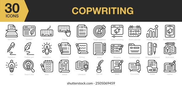Copywriting icon set. Includes typewriter, keyboard, note, folder, script and More. Outline icons vector collection.