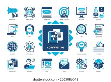 Copywriting icon set. Marketing, Advertising, SEO, Brand, Writing, Content, Blogging, Efficiency. Duotone color solid icons