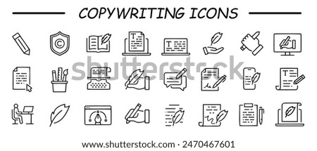 Copywriting icon set. Simple Set of Text Related Vector Line Icons. Contains such Icons as Write Review, Creative Article Writing, Internet Content Editing and more.