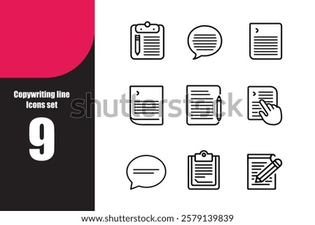 Copywriting Icon Set: Text Editing, Clipboard, Pencil, Notepad, and Writing Symbols. Vector Illustration.