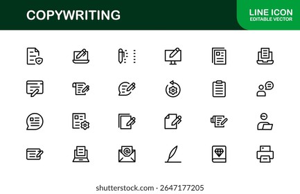 Copywriting Icon Set in Vector Style Featuring Writing, Content Creation, Editing, and Communication Symbols