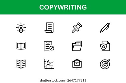 Copywriting Icon Set in Vector Style Featuring Writing, Content Creation, Editing, and Communication Symbols