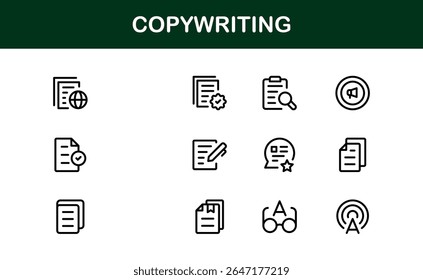 Conjunto de ícones de copywriting no estilo de vetor com escrita, criação de conteúdo, edição e símbolos de comunicação
