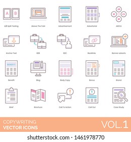 Copywriting icons including A/B split testing, above the fold, advertorial, AIDCA, anchor text, b2b, b2c, backlink, banner advert, benefit, blog, body copy, bonus, brand, brief, brochure, case study.