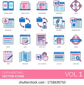 Copywriting icons including A/B split testing, above the fold, advertisement, advertorial, AIDCA, anchor text, b2b, b2c, backlink, banner advert, benefit, blog, body copy, bonus, brand, brief, action.