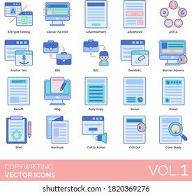 Copywriting icons including A/B split testing, above the fold, advertorial, AIDCA, anchor text, b2b, b2c, backlink, banner advert, blog, body copy, bonus, brand, brief, brochure, action, case study.