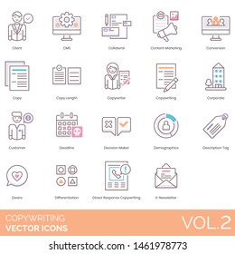 Copywriting Icons Including Client, CMS, Collateral, Content Marketing, Conversion, Copy Length, Copywriter, Deadline, Decision Maker, Demographics, Tag, Desire, Differentiation, Direct Response.