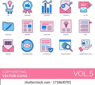 Copywriting icons including USP, guarantee, statistics, open rate, alt tag, portfolio, portrait, landscape, concept, lead, barcode, auto responder, authenticity, online research, business reply card.