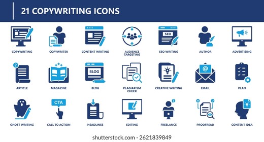 Copywriting icons pack in solid style including content writing, SEO, email, proofreading, article, headlines, ghostwriting, and audience targeting.