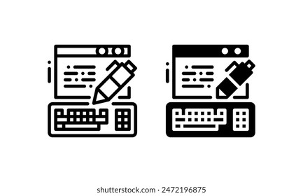 Copywriting icons, represented Web page, pencil and keyboard. With outline, glyph or solid style