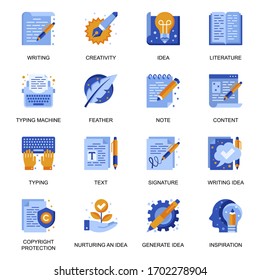 Copywriting icons set in flat style. Idea generation and creativity, writing and typing, copyright protection, blogging signs. Imagination and inspiration in literature pictograms for UX UI design.