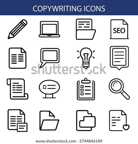 Copywriting Icons Set, SEO, Content Writing, Blogging, Marketing Line Vector Icon Collection.
