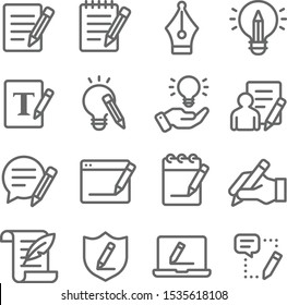 Copywriting icons set vector illustration. Contains such icons as content, writing, ideation, storytelling, editing and more. Expanded Stroke