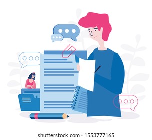 Copywriting, Idea of writing texts, creativity and advertising. Vector illustration for web banner, infographics, mobile. Copywriter writing creative article in blog