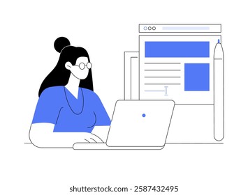 Copywriting isolated cartoon vector illustrations. Concentrated woman writing magazine article using laptop, freelance job, remote work, copyediting process, online business vector cartoon.