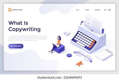 Copywriting landing page template. Professional course of text content making vector illustration for webpage design. Writing advertisement and storytelling service. Web application development