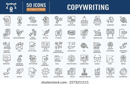 Copywriting line editable icon set. Containing advertising, marketing, creative, concept, idea icon. Vector Illustration