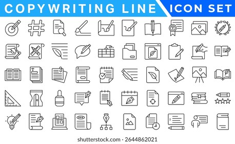 Copywriting Line Editable Icons set. Vector illustration in modern thin line style of content production related icons: blog, text, promoting, and more. Isolated on transparent background.