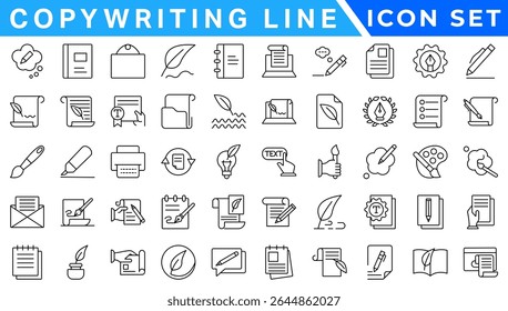 Copywriting Line Editable Icons set. Vector illustration in modern thin line style of content production related icons: blog, text, promoting, and more. Isolated on transparent background.