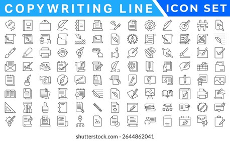 Copywriting Line Editable Icons set. Vector illustration in modern thin line style of content production related icons: blog, text, promoting, and more. Isolated on transparent background.