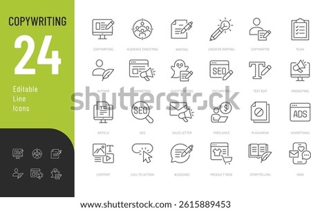 Copywriting Line Editable Icons set. Vector illustration in modern thin line style of content production related icons: blog, text, promoting, and more. Isolated on transparent background.