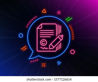 Copywriting line icon. Neon laser lights. Ð¡opyright signature sign. Feedback symbol. Glow laser speech bubble. Neon lights chat bubble. Banner badge with copywriting icon. Vector