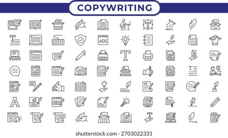 Copywriting Line Icon Set. Content Writing, SEO, Editing, Proofreading, Storytelling, Marketing and Creative Document Editable Vector Collection