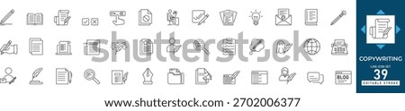 Copywriting line icon set. Editable stroke icons representing writing, blogging, SEO, creativity, and marketing concepts. Perfect for content creators, advertisers, and designers. Vector illustration